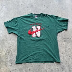 Vintage 90s Nike Green Embroidered Leather Swoosh Logo T-Shirt Distressed XL